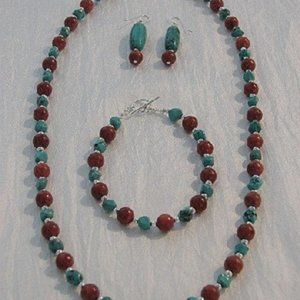 Coral, Turquoise Necklace, Bracelet, Earrings